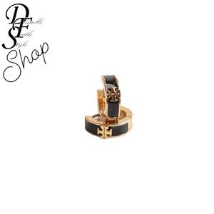 Tory Burch Kira Enamel Black/Gold hoop earrings with dustbag and giftbox